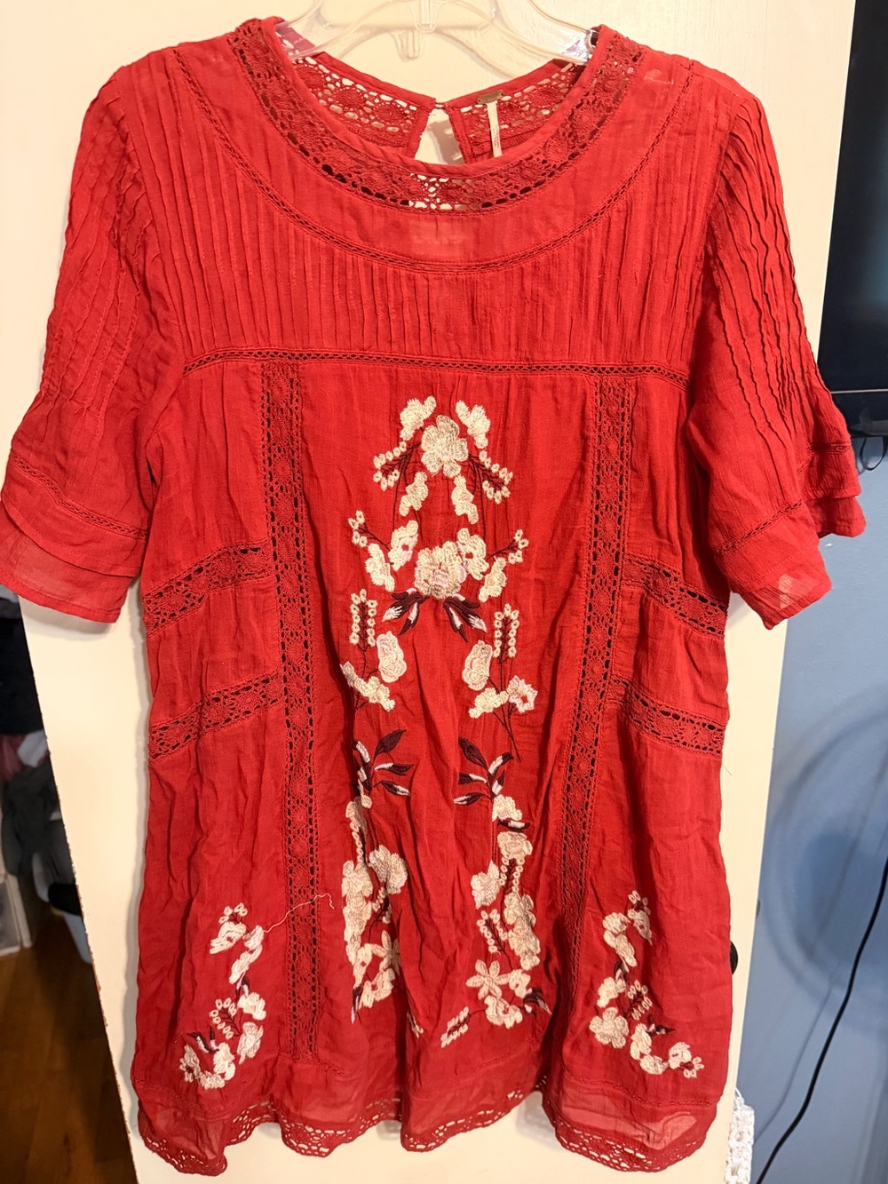Free People Red Floral Embroidered Crochet Lace Short Sleeve Mini Dress